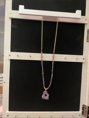 Handmade Purple Amethyst Geode Pendant Necklace - Gold Chain